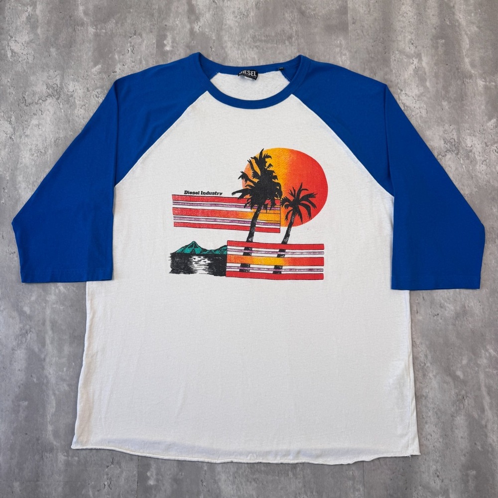 Diesel Industry Baseball Tee Mens 2XL White 3/4 Sleeve Palm Tree Retro Designer